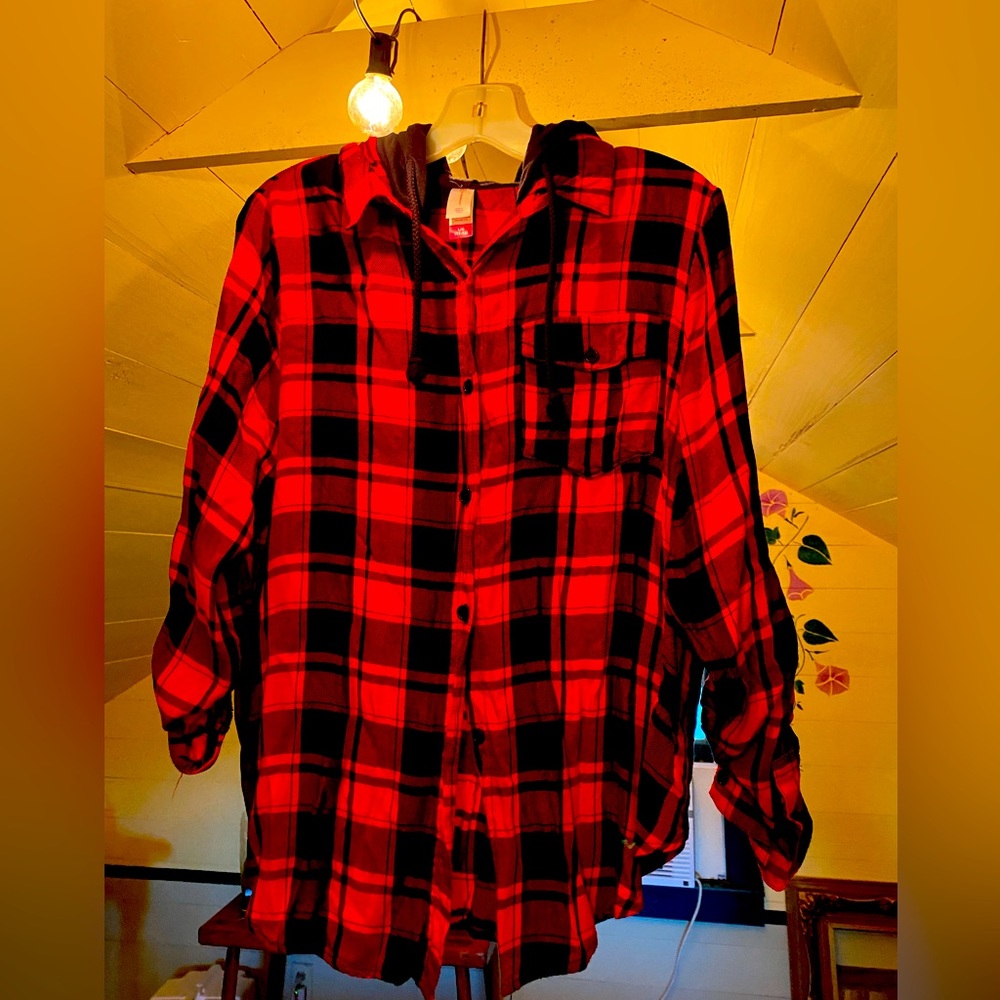 Red & black plaid button down with hood